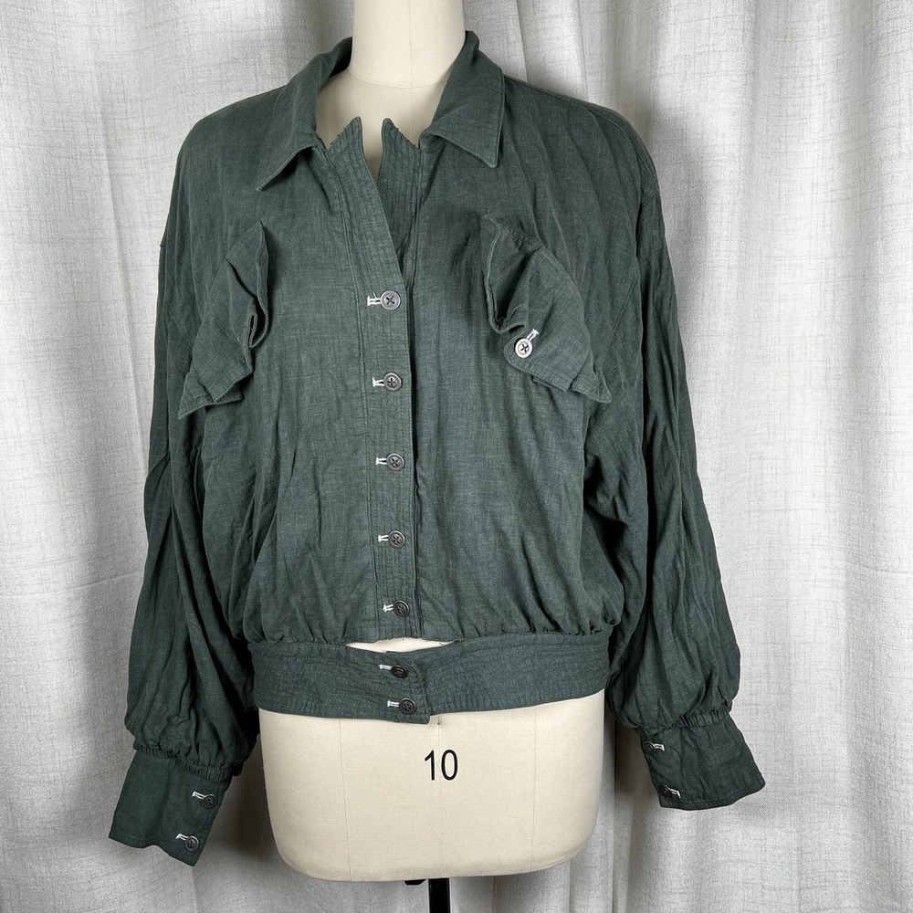 Free People Medium Billy Saddle Linen Blend Button Up Green Crop Jacket Pockets